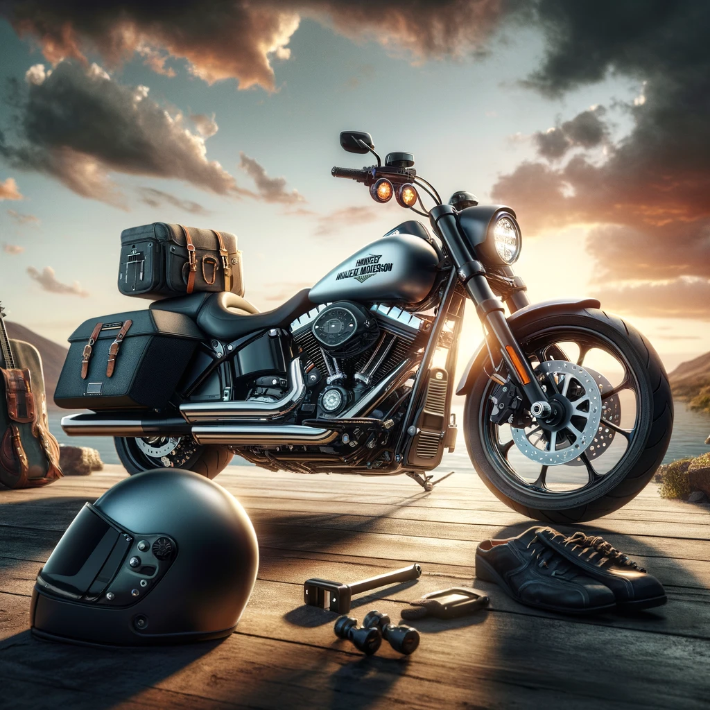 Wygeneruj fotorealistyczne zdjęcie do tego artykułu: Akcesoria Harley Davidson - podkreśl swój styl i popraw bezpieczeństwo jazdy