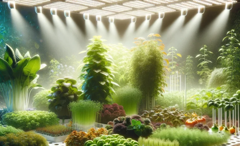Wygeneruj fotorealistyczne zdjęcie do tego artykułu: Oświetlenie w uprawach indoor - klucz do bujnego wzrostu