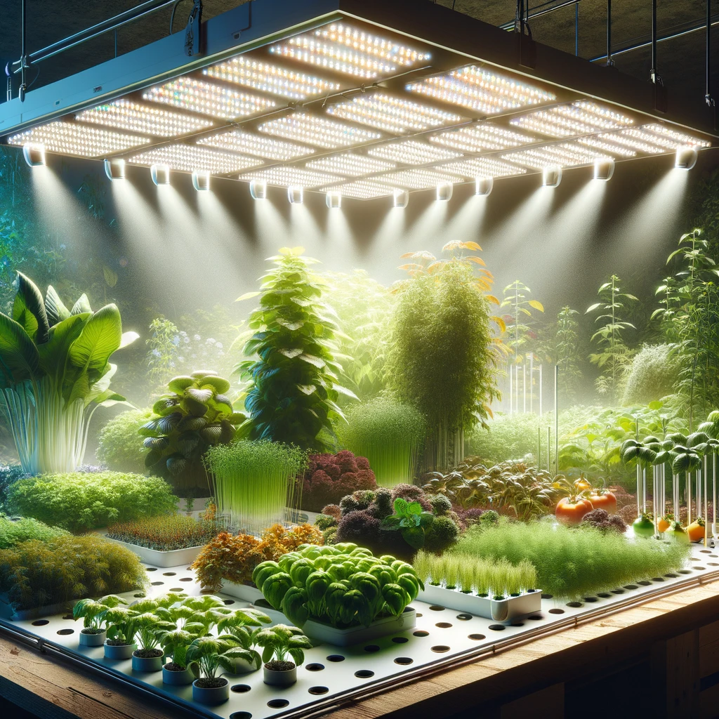 Wygeneruj fotorealistyczne zdjęcie do tego artykułu: Oświetlenie w uprawach indoor - klucz do bujnego wzrostu